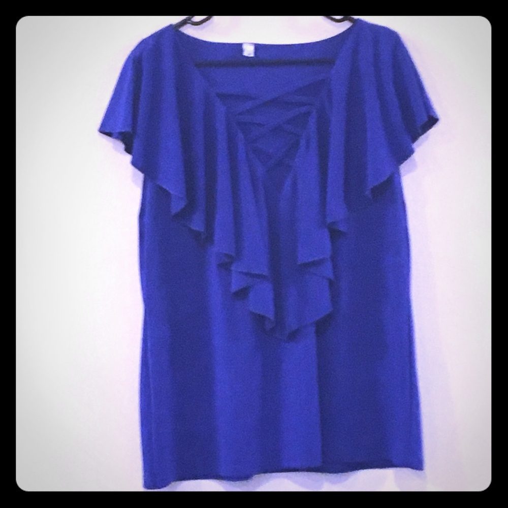 Sexy Blue Criss-Cross Ruffle Blouse